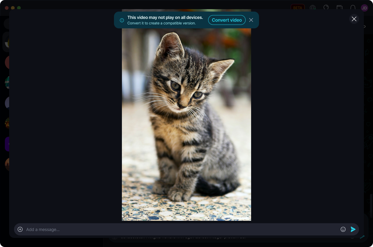 Convert Incompatible Videos ποΈ Β· Desktop Attach the video - 'This video may not play on all devices' with a 'Convert video' button.