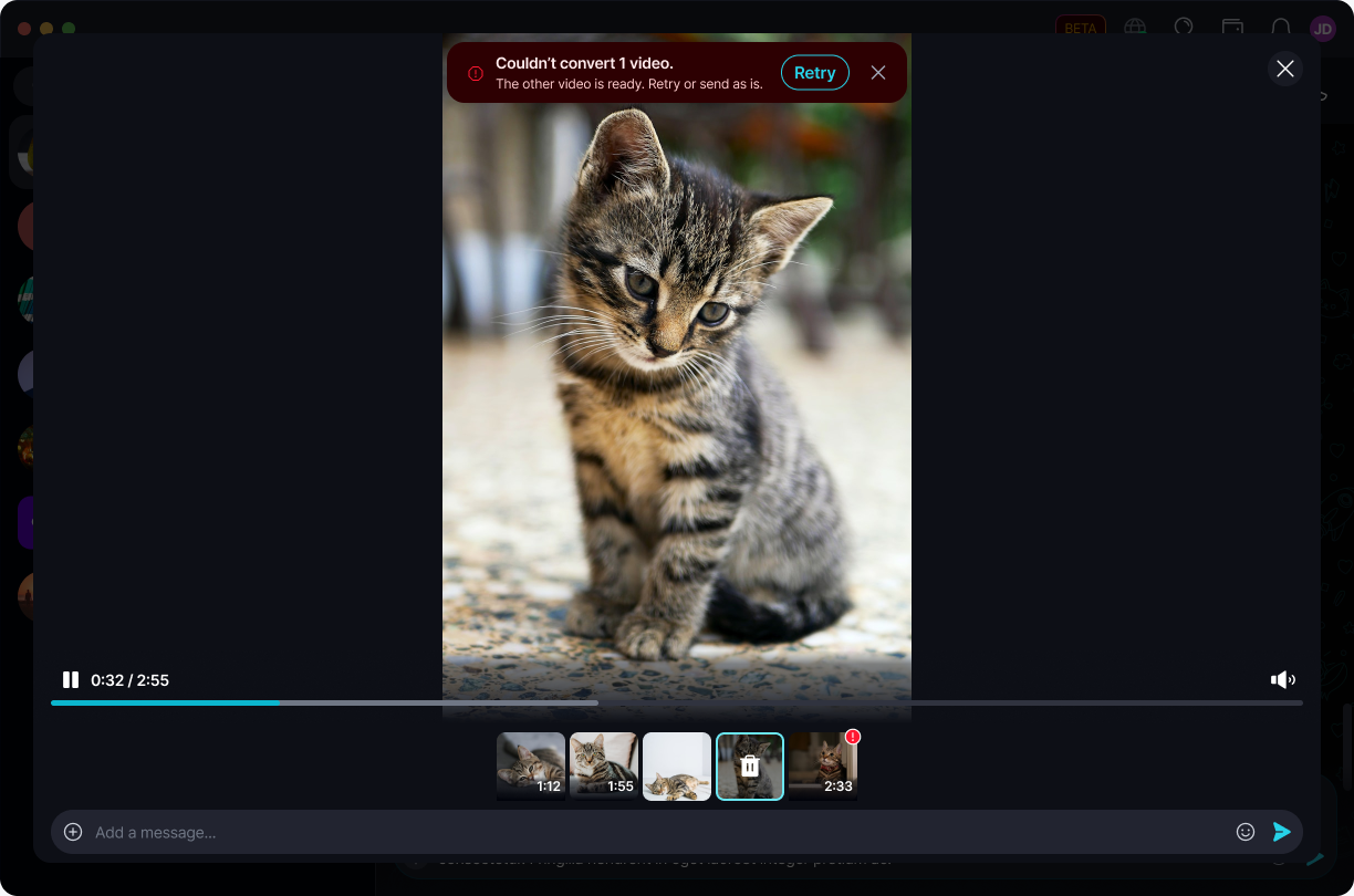 Convert Incompatible Videos ποΈ Β· Desktop Couldn't convert 1 video - the other video is ready, with a Retry option.