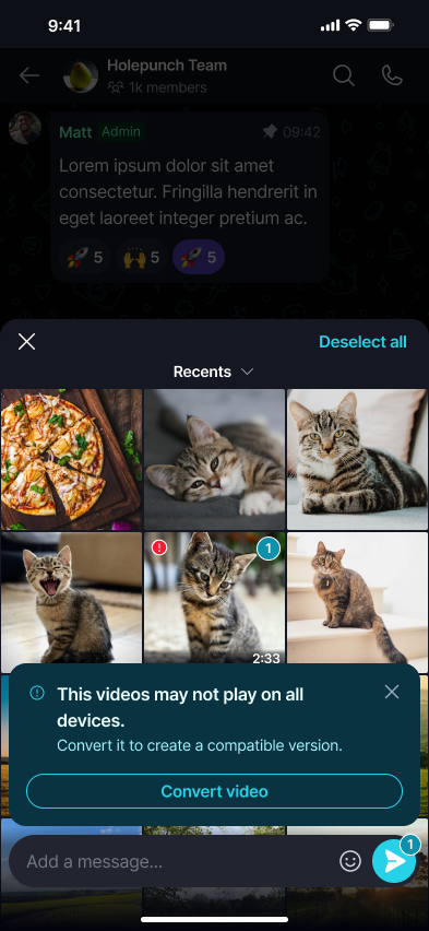 Convert Incompatible Videos ποΈ Β· Mobile Attach the video - 'This video may not play on all devices' with a 'Convert video' button.