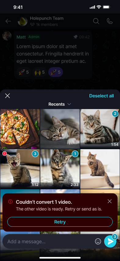 Convert Incompatible Videos ποΈ Β· Mobile Couldn't convert 1 video - the other video is ready, with a Retry option.
